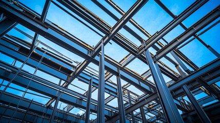 Close-Up of a High-Rise Steel Frame Under Construction with Intersecting Beams Against a Deep Blue Sky