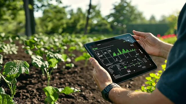 A digital interface on a tablet showing real-time farm data