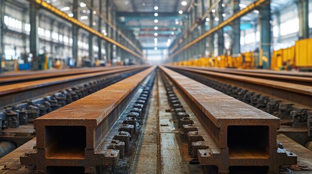 Close-Up of Industrial Factory Framework with Parallel Steel Beams Extending into the Distance