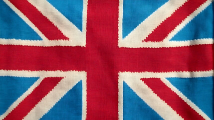 Fototapeta premium Close-up of a Woven Union Jack Flag with Red, White, and Blue Threads