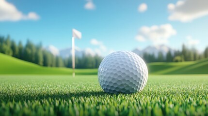 Obraz premium A close-up of a golf ball on lush green grass, with a flag in the background, under a bright blue sky, suggesting a serene golfing experience.