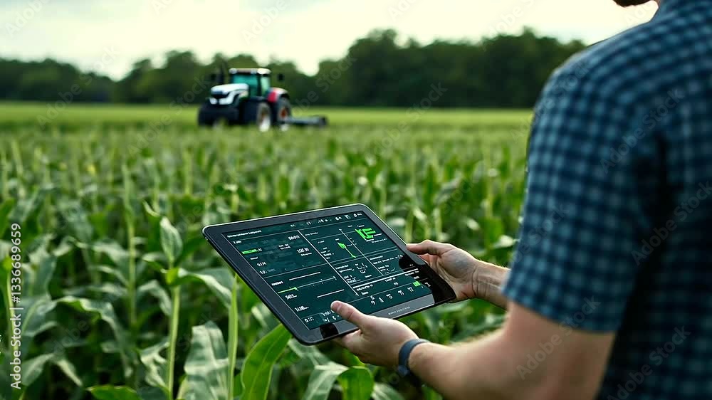 Aufkleber a digital interface on a tablet showing real-time farm data, with a farmer standing in the backgroun