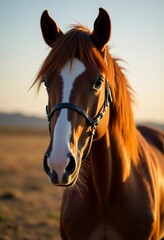Fototapeta premium Sunset casts a warm glow on this elegant brown horse, whose calm demeanor and striking features capture the essence of peaceful countryside life Generative AI