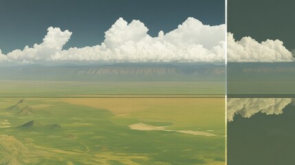 A sprawling green terrain stretches out under a bright sky adorned with large, fluffy clouds. Distant mountains provide a striking backdrop to the serene landscape