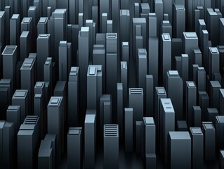 Obraz premium Aerial view of a dense urban landscape featuring numerous tall, dark structures resembling buildings in a futuristic city.
