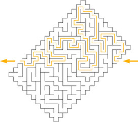 Abstract parallelogram labyrinth with solution. Medium difficulty level vector maze. Black and white riddle for kids, parents and family game
