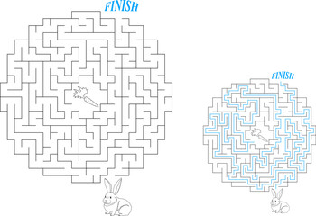 Help bunny pass through circular maze to find carrot. Feed the hungry pet labyrinth. Medium difficulty riddle for kids and parents with solution