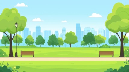 Lush park scene with benches and city skyline under a clear blue sky.