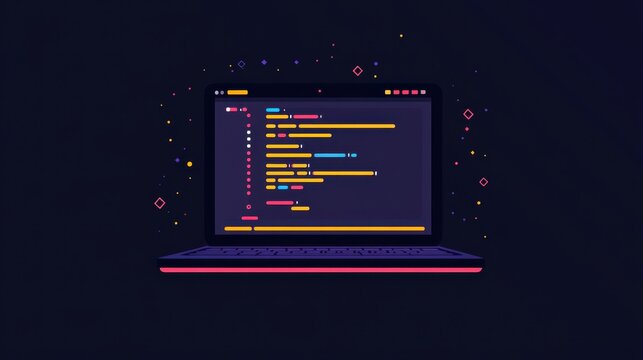 Brightly colored code appears on a laptop screen in a dark setting, reflecting the creativity of programming. This digital workspace symbolizes modern software development