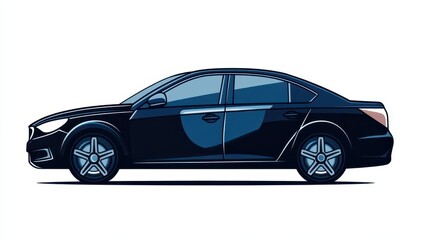 A sleek black sedan is parked against a minimalist urban backdrop. The vehicle showcases modern design elements and is bathed in sunlight, creating a striking visual contrast
