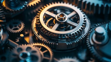 Close-Up of Interlocking High-Precision Metal Gears in a Complex Mechanical System