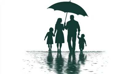 A family of four walks hand in hand under a large umbrella in the rain. Their silhouettes are reflected in the shallow water surrounding them, creating a serene atmosphere