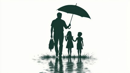 A father walks with his two children in shallow water, holding an umbrella over them. The scene captures the bond between them as they navigate the rainy atmosphere together