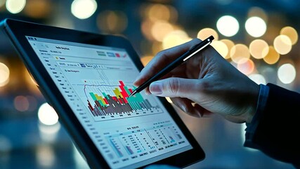A business professional analyzing financial data on a tablet, with detailed charts and key performance indicators.
