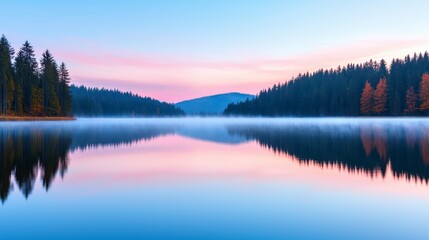 Fototapeta premium Tranquil Lake at Sunrise with Soft Mist Over the Still Water