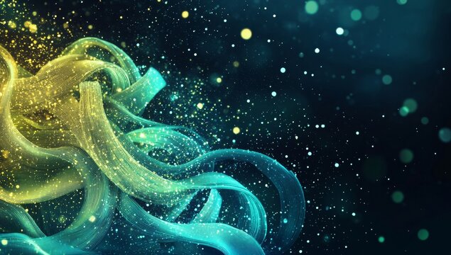 Abstract swirling ribbons of vibrant colors, dotted with glittering particles against a dark background.  Dynamic, ethereal, and mesmerizing