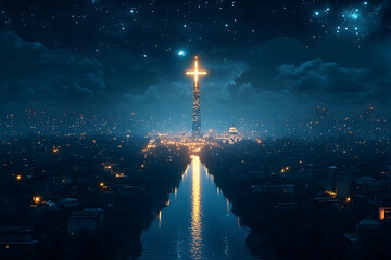 Illuminated cross towering over a serene river at night, surrounded by a tranquil cityscape and starry sky