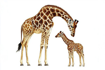 Fototapeta premium A mother giraffe stands beside her playful calf, showcasing their unique spots and gentle demeanor in a serene habitat