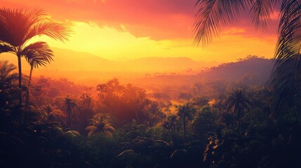 Obraz premium Vibrant sunset over a tropical landscape with lush greenery and silhouetted palm trees in the foreground