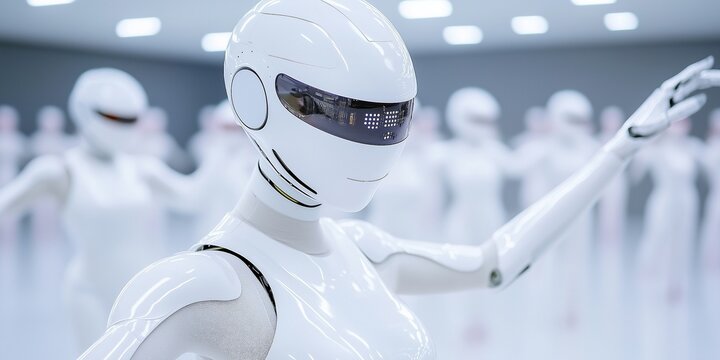 Ballerina ai robot performs gracefully amidst a futuristic hall filled with other robotic dancers and glowing lights - Powered by Adobe