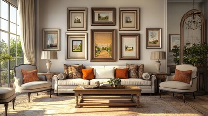 Cozy living room with elegant furniture, framed artwork on walls, and natural light streaming through windows