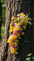 Colorful flowers blooming on a massive tree trunk, flowers, nature, blossoms