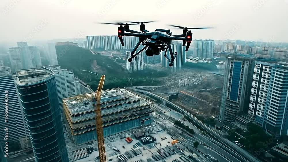 Poster a drone flying in the sky over a building under construction, showing the layout and design of the s