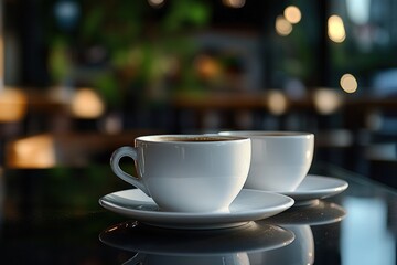 Two white coffee cups on a table in a cafe