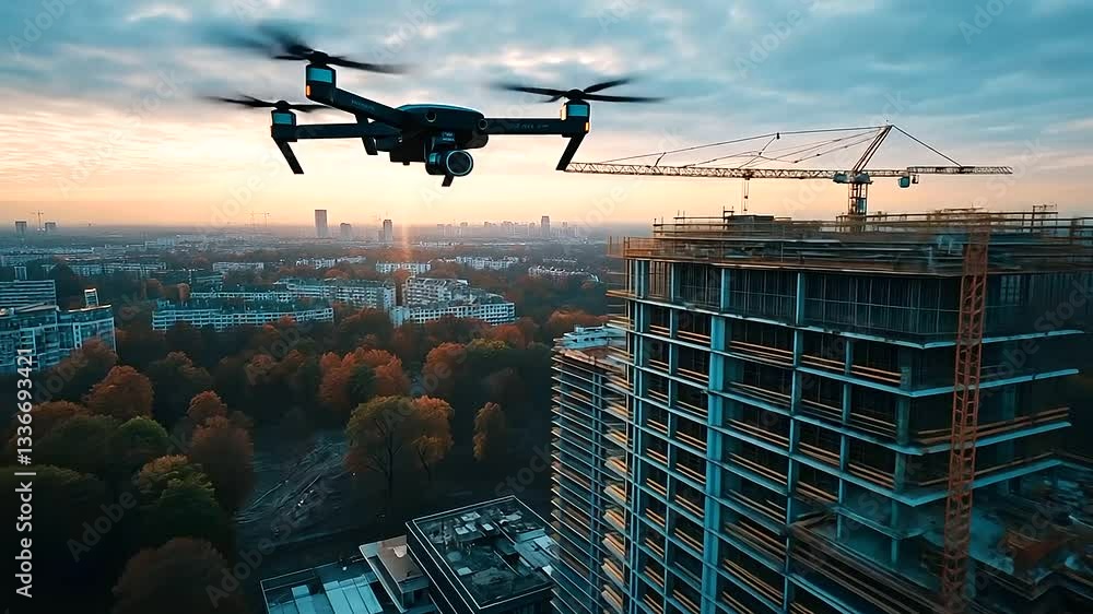Poster a drone flying in the sky over a building under construction, showing the layout and design of the s