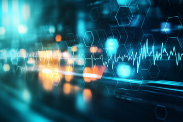 High-tech cyber background with hexagonal patterns and glowing data streams. Ideal for AI, blockchain, or fintech projects