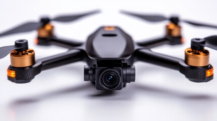 Sleek Carbon Fiber Drone with High-Resolution Camera Isolated on White