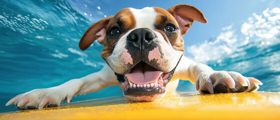 Cute Boxer dog excitedly paddling on surfboard in turquoise ocean, enjoying refreshing and fun summer holiday mood