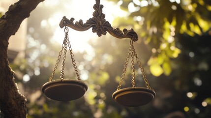 Ornate scales of justice in sunlit garden. Possible use Stock photo for law, justice, or legal themes