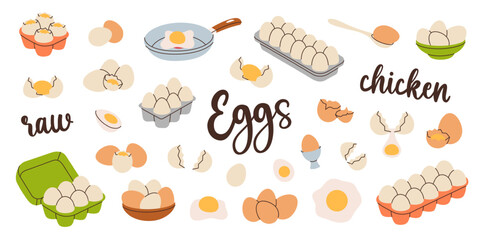 Chicken eggs set. Raw and boiled eggs, broken eggshells, protein and yolk. Organic farm product. Farming and agricultural. Vector illustration.