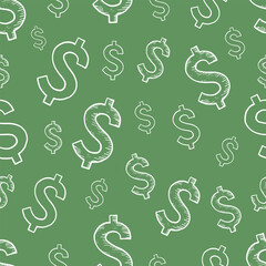 Dollar Signs Texture. Vector Seamless Pattern. Hand Drawn US dollar Global Currency Texture on Green Background. Repeatable Endless and Seamless Pattern for Print, Fabric Textile or Website Uses.