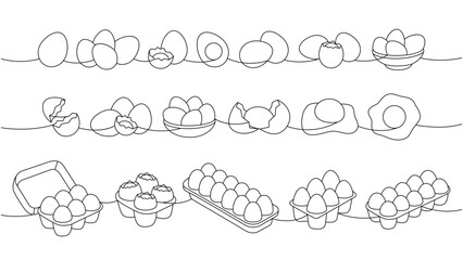 Fresh eggs set one line continuous drawing. Boiled eggs, broken eggshell, omelette, protein and yolk. Vector illustration