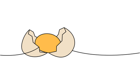 Broken egg one line colored continuous drawing. Organic farm product. Vector illustration