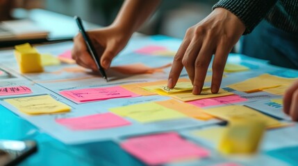 Fototapeta premium Collaborative Teamwork: Brainstorming Session with Sticky Notes