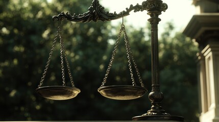 Justice scales in sunlight, courthouse background, balanced judgment, stock photo