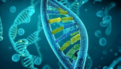 Deep blue abstract nature illustration with DNA strands and light-filled bubbles