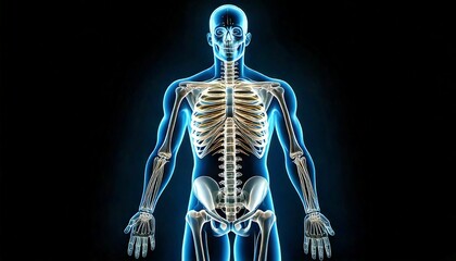 3D skeletal anatomy highlighting painful shoulder, neck, and spine regions