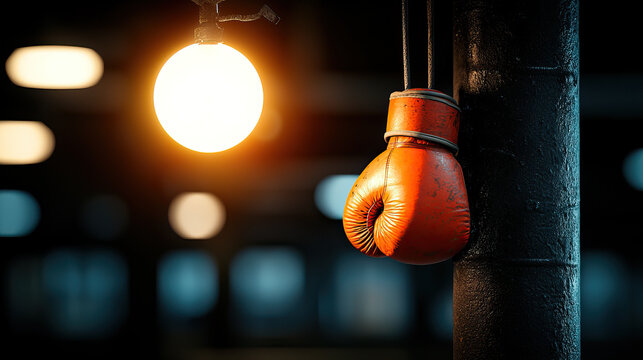 Faded red boxing gloves hanging from post, illuminated by warm light, evoke sense of closure and resilience