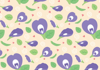 A delightful repeating pattern featuring Butterfly Pea, green leaves, and spirals on a light backdrop, evoking a playful and natural aesthetic.