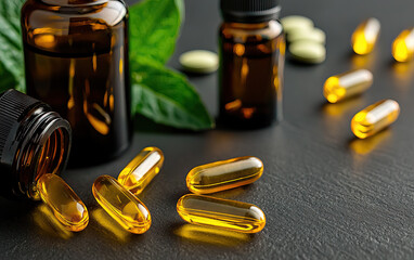 High quality omega 3 capsules and essential oil bottles on dark surface, showcasing minimalistic wellness theme