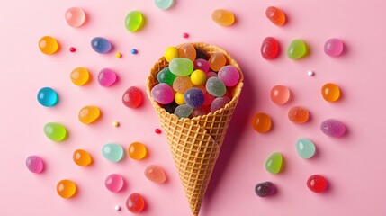 Colorful Gummy-Topped Ice Cream Cone on Pastel Pink Background, Minimalist Sweet Treat Concept