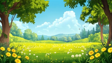 Fototapeta premium A vibrant spring landscape featuring a sunny meadow filled with flowers and distant mountains under a blue sky