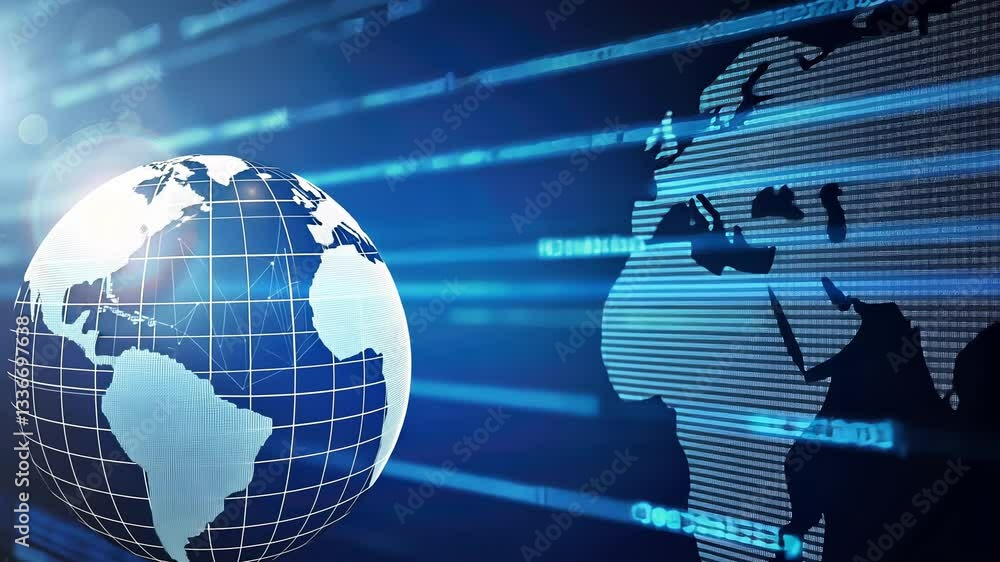 Poster global digital network. interconnected world map with globe and code