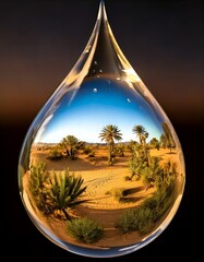 Desert Scene Reflected in the Surface of a Reflective Water Droplet. 