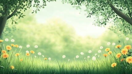 Obraz premium Serene meadow with vibrant yellow flowers and dandelions under a soft, dreamy sky in a tranquil forest setting