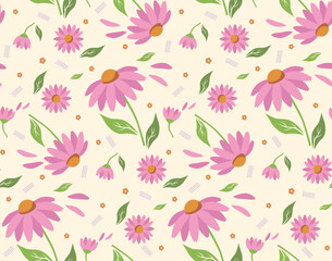 Seamless floral pattern featuring Echinacea and green leaves on a soft light background. Perfect for use in textile design, invitations, wallpapers, and digital projects.
